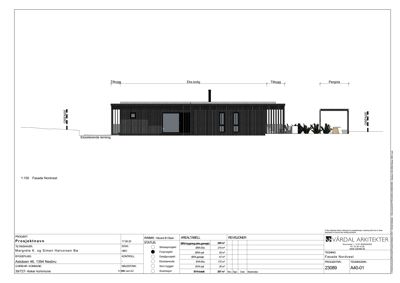 Fasadetegning av en bolig sett fra nordvest med angitte mål og detaljer.
