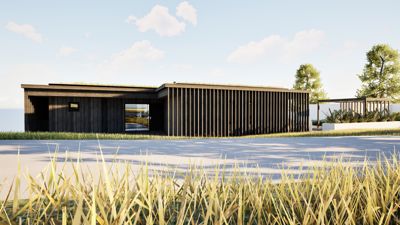 3D-visualisering av en moderne bygning med mørk fasade og grønt tak.