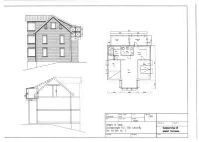 Bildet viser en fasadetegning (opprikk) av en bygning sett fra siden, samt en tilhørende etasjeplan med romfordeling og mål.