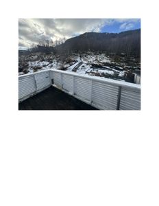 Fotografi av en balkong eller terrasse med hvit ramme, sett mot en snødekt skråning og skog.