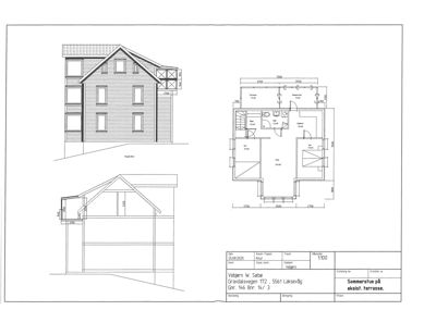 Fasadetegning med oppriss av bygning sett utenfra, inkludert etasjeplan og snitt.