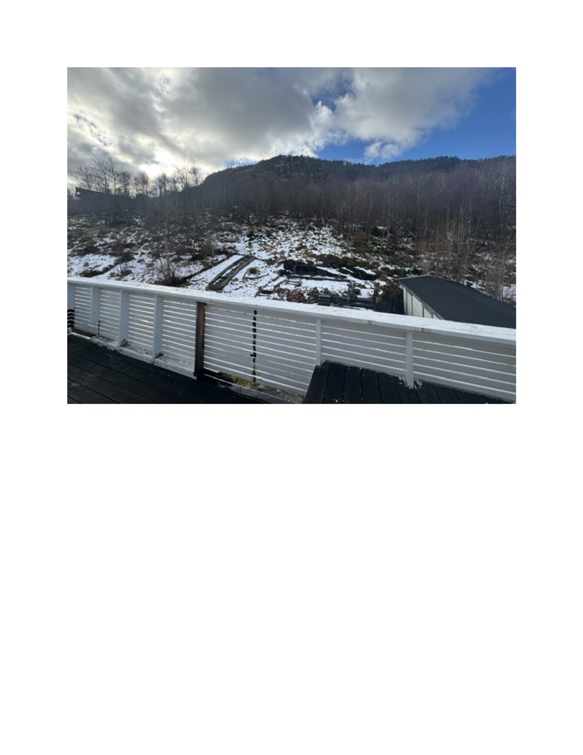Fotografi av utsikt fra en balkong eller terrasse mot en skogkledt bakke med snøflekker.
