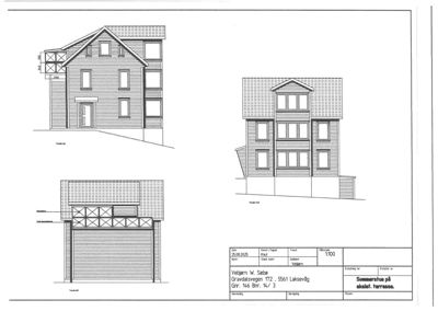 Fasadetegninger som viser bygningens utsyn fra tre ulike vinkler (for, side og bak).