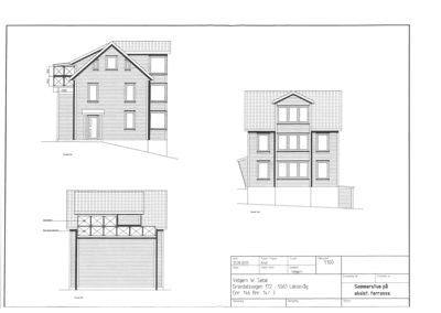 Fasadetegning som viser tre ulike vinkler (for, side og bak) på en bolig med en planlagt sommerstue.