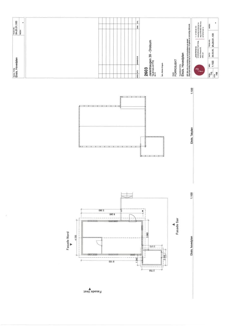 Fasadetegning for et hus i Jernheiaugen 30, Oslo, som viser utsiden sett fra nord og vest med mål.