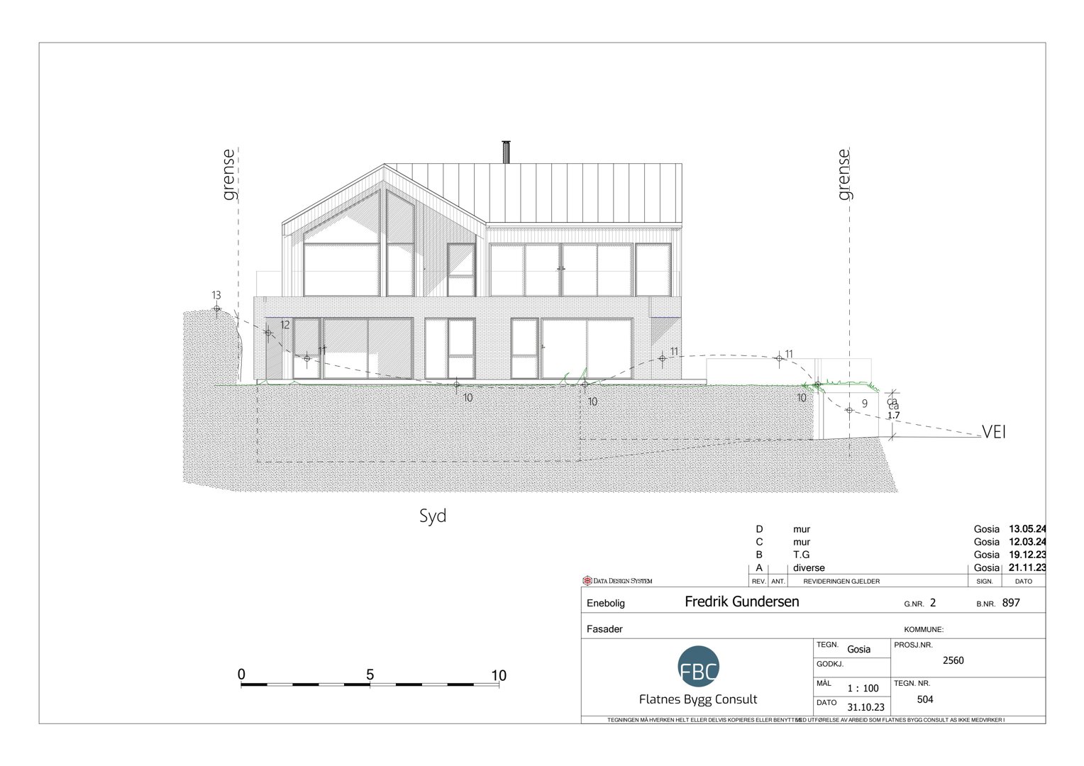 Fasadetegning som viser bygningens utseende sett fra sør (Syd), inkludert vinduer, takform og terrengforhold.