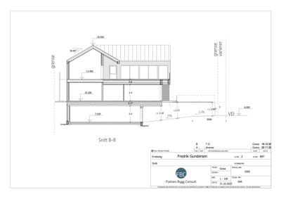 Snittegning (Snitt B-B) som viser bygningens tverrsnitt, høyder og konstruksjon.