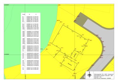 Situasjonsplan som viser tomtens geometri, punktliste med koordinater (N/E), og nabolagsgrenser (GR1-GR15).