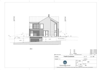 Fasadetegning (opprikk) av en bolig sett fra øst, med angivelse av høyder og grunnmur.