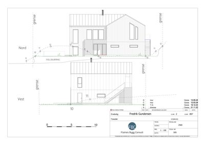 Fasadetegning som viser bygningens utseende fra to sider (Nord og Vest), inkludert vinduer, dører, takform og terrengforhold.