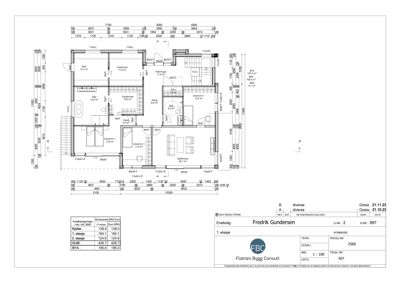 Etasjeplan med romfordeling og mål for 1. etasje (og delvis 2. etasje) av en bolig.