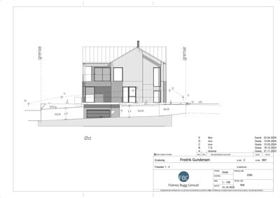 Fasadetegning som viser bygningens utseende sett fra øst, inkludert vinduer, takform og grunnmur.