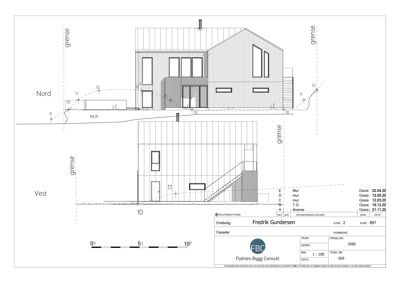 Fasadetegning som viser bygningens utseende sett fra nord og vest, inkludert vinduer, dører, takform og terrengforhold.