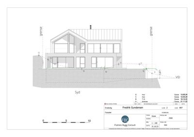 Fasadetegning (opprikk) av en bolig sett fra syd, med angivelse av grenser og terrengforhold.