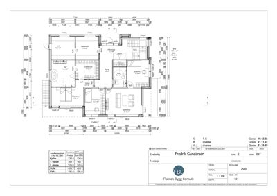 Etasjeplan for 1. etasje som viser romfordeling, mål og arealoppdeling.