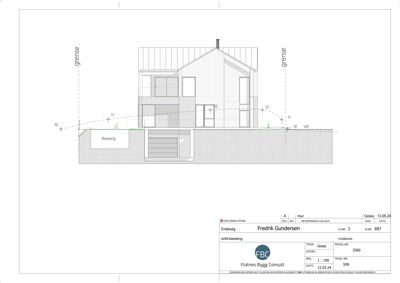 Snittegning som viser tverrsnitt gjennom huset, inkludert grunnplan med basseng og garasje.