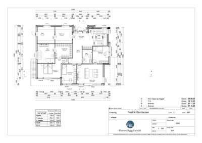 Etasjeplan for 1. etasje av en bolig, som viser romfordeling, dimensjoner og arealoppsummering.