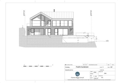 Fasadetegning (opprikk) av en bolig sett fra syd, med angivelse av grenser og terrengforhold.