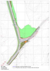 Situasjonsplan som viser topografi (konturlinjer), eiendoms- og planbegrensninger, samt innmålt rørinstallasjon.