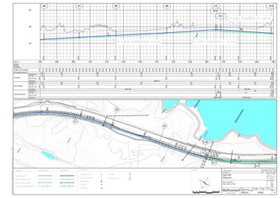 Situasjonsplan som viser topografi, vannmasser og en planlagt infrastruktur (sannsynligvis vei eller rørgang) med høydemål.