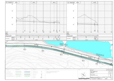 Situasjonsplan som viser topografi, grunnvannsnivå (SF1-SF15) og bygningers plassering i forhold til vannkroppen.
