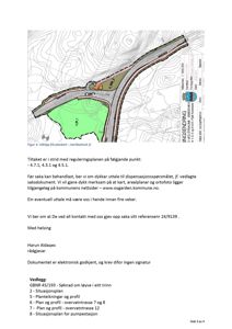 Bildet viser en situasjonsplan (tomtekart) med konturlinjer, veier og arealer markert i farger. Det er også et utklipp fra en reguleringsplan inkludert.