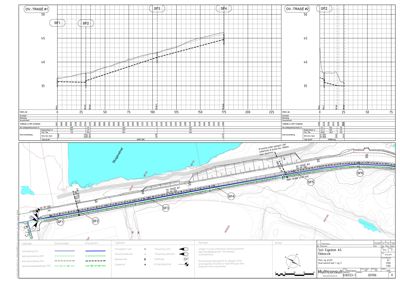 Situasjonsplan som viser tomtens beliggenhet, topografi (konturlinjer), vannkropp og en detaljert trasé for et prosjekt (trolig vei eller jernbane) med markerte traseer (SF1-SF4).