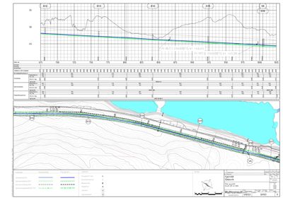 Snittegning som viser grunnvannets nivå og grunnforhold langs en profil (S12 til V4).