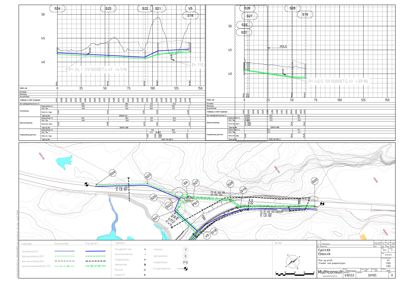 Situasjonsplan som viser tomtens topografi, vannløp og planlagt infrastruktur (rørledninger) med tilhørende profiltegninger.