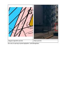 Bildet viser en situasjonsplan (til venstre) med reguleringsfelt og tiltak, samt et bilde av bygningen sett fra utsiden (til høyre). Teksten under bekrefter at det vises til sporing for parkeringskjeller.