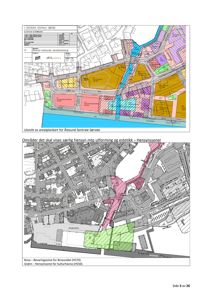 Bildet viser to kart som illustrerer arealplanlegging og hensynssoner for Ålesund Sentrale Sørside. Øverste del er et utsnitt av arealplankart med fargede soner, mens nederste del viser hensynssoner for bevaring og kulturhavn.