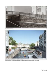 3D-visualisering (rendering) av Brosundpromenaden med vann, trapper og bygninger.