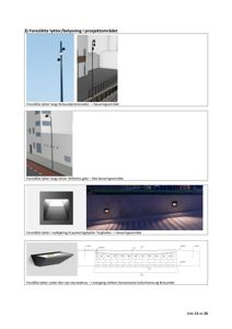 Bildet viser en samling av forslag til lyskilder (lykter og veggbelysning) med tilhørende 3D-visualiseringer og tekniske detaljer for ulike områder i prosjektet.