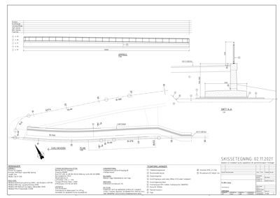 En teknisk detaljtegning som viser snitt (A-A) og plan (PLAN) av en betongfundament og søyle, med angitte dimensjoner, materialer og konstruksjonsdetaljer.