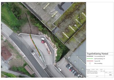 Flyfoto eller ortofoto med overlagte ruter for vannledninger (overvann, spillvann, varener) og en tegnforklaring.