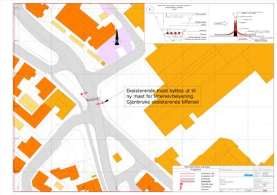 Situasjonsplan som viser eksisterende og planlagt infrastruktur, inkludert en ny mast for intensivbelysning.