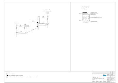 Snittegning som viser overbygging av en fasade med høydeangivelser og konstruksjonsdetaljer.