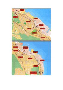 Kart over et område med bygningsplasseringer og infrastruktur, merket med A og B