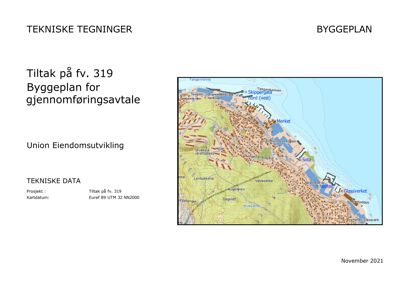 Situasjonsplan som viser byggefeltet (Tiltak på fv. 319) i forhold til omgivelsene, inkludert nabolag som Skipperstølen, Merket og Sola.