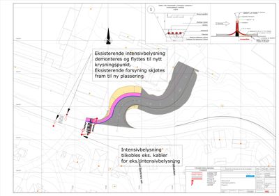 Situasjonsplan som viser plassering av eksisterende og ny intensibelysning i forhold til veier og eiendomsgrenser.