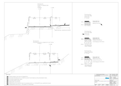 Snittegning som viser detaljer for ny og eksisterende fortau, samt overbygginger med spesifikke dimensjoner og materialer.