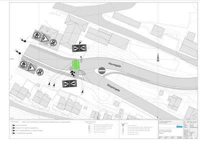 Kart over et område med gater (Havnegata og Skippergata), eksisterende og planlagt bebyggelse, samt trafikkreguleringer.