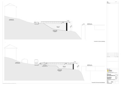 Snittegning som viser tverrsnitt av en vei eller kjøreforhold med høydeforskjeller og terrengform.