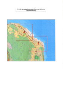 Kart over Drammen kommune som viser Fv. 319 Havnegata/Svelvikveien med markerte områder (A og B) for fartsgrenseendring.