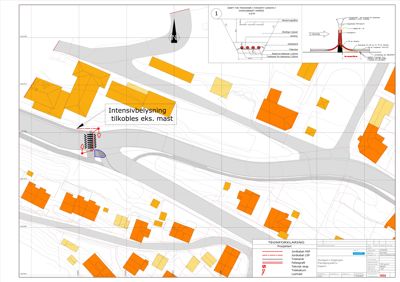 Situasjonsplan som viser tomtens beliggenhet, omgivende bebyggelse (gule/orange felter), veier, og en planlagt lysmast med tilhørende teknisk detaljering i øvre høyre hjørne.