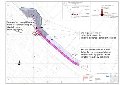 Situasjonsplan som viser plassering av eksisterende og planlagt belysningsanlegg (master, kabler, fundament) i forhold til veier og bebyggelse.