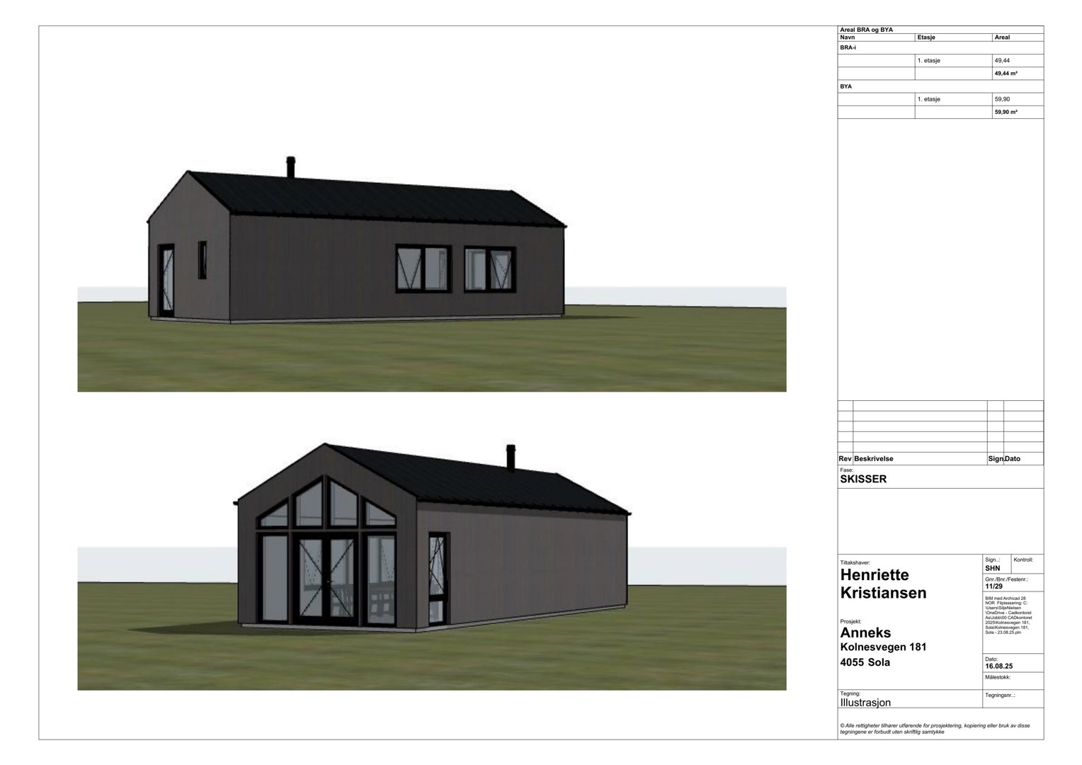 3D-visualisering (rendering) av en planlagt bygning sett fra to ulike vinkler.