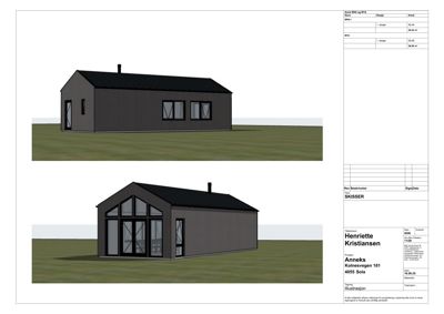 3D-visualisering (rendering) av en planlagt bygning sett fra to ulike vinkler.