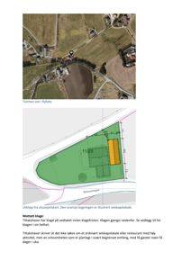 Bildet viser en situasjonsplan (tomteplan) med flyfoto som illustrerer tomtens plassering i forhold til omgivelsene, samt en tegnet plan over tomten med angitt bygningsplassering.
