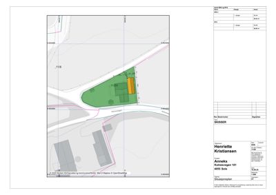 Situasjonsplan som viser tomtens beliggenhet i forhold til veier (Kolnesvegen), nabolag og arealoppdelinger (BRA og RYA).